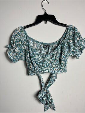 SHEIN Teal Daisy Floral Puff Sleeve Crop Top Tie Front Boho Small